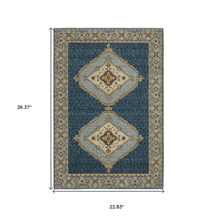 2' X 3' Blue And Gold Medallion Area Rug
