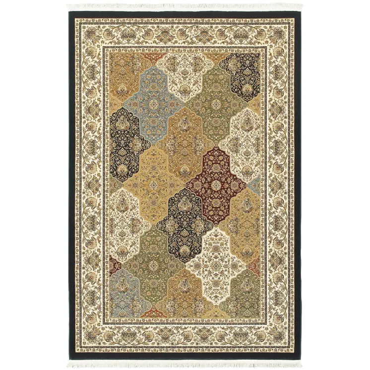 4' X 6' Navy Blue Tan And Black Oriental Area Rug With Fringe
