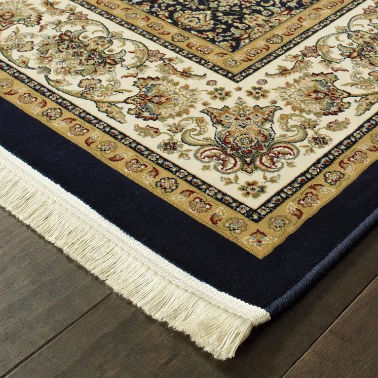 4' X 6' Navy Blue Tan And Black Oriental Area Rug With Fringe
