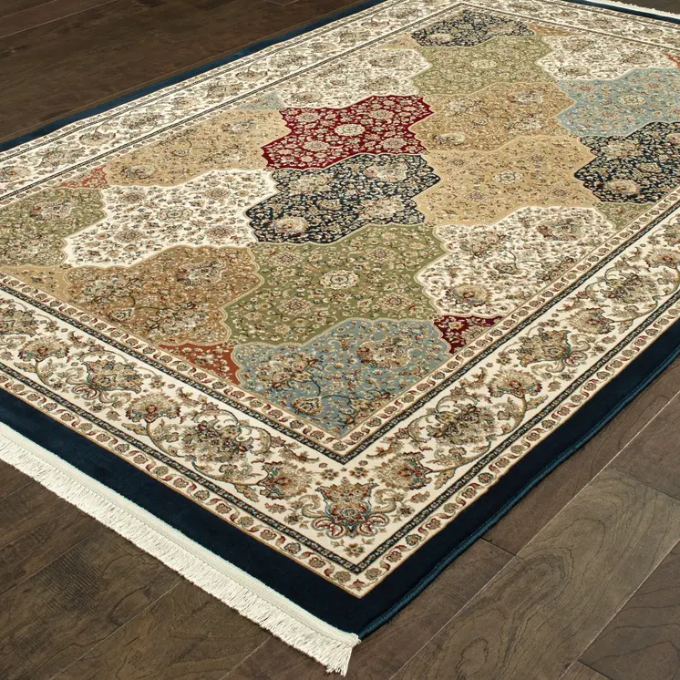 4' X 6' Navy Blue Tan And Black Oriental Area Rug With Fringe