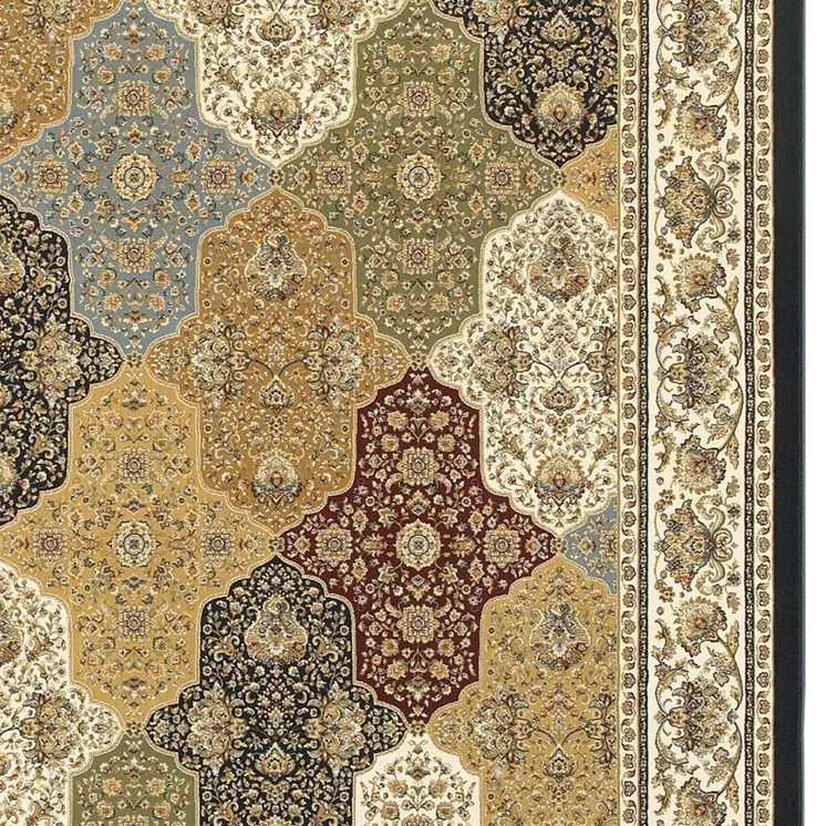 4' X 6' Navy Blue Tan And Black Oriental Area Rug With Fringe