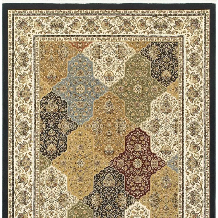 4' X 6' Navy Blue Tan And Black Oriental Area Rug With Fringe