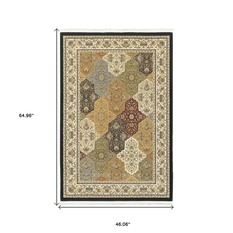 4' X 6' Navy Blue Tan And Black Oriental Area Rug With Fringe