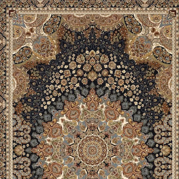 4' X 6' Navy Blue Black And Tan Medallion Area Rug With Fringe