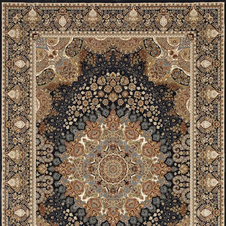 4' X 6' Navy Blue Black And Tan Medallion Area Rug With Fringe