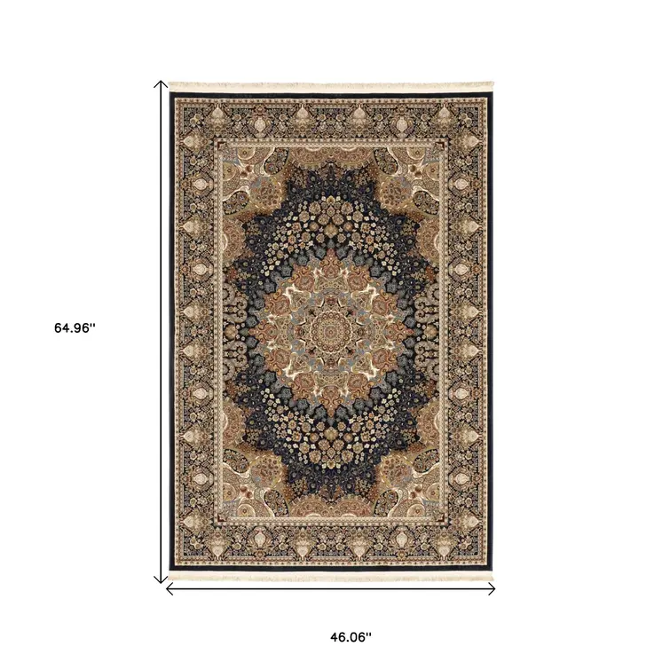 4' X 6' Navy Blue Black And Tan Medallion Area Rug With Fringe
