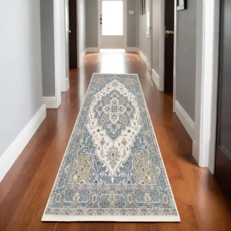 8' Blue And Ivory Medallion Runner Rug With Fringe