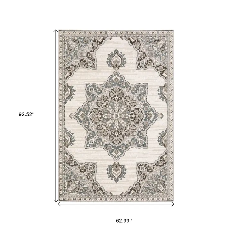 5' X 8' Gray And Blue Medallion Area Rug