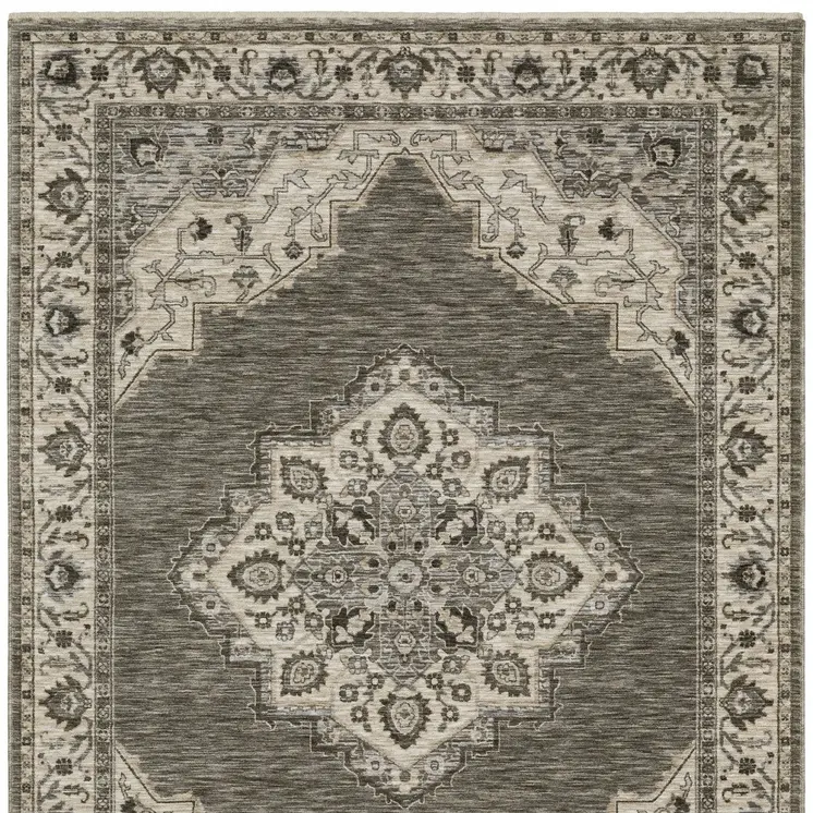 3' X 5' Gray And Beige Medallion Area Rug With Fringe