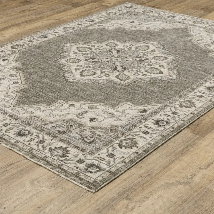 3' X 5' Gray And Beige Medallion Area Rug With Fringe