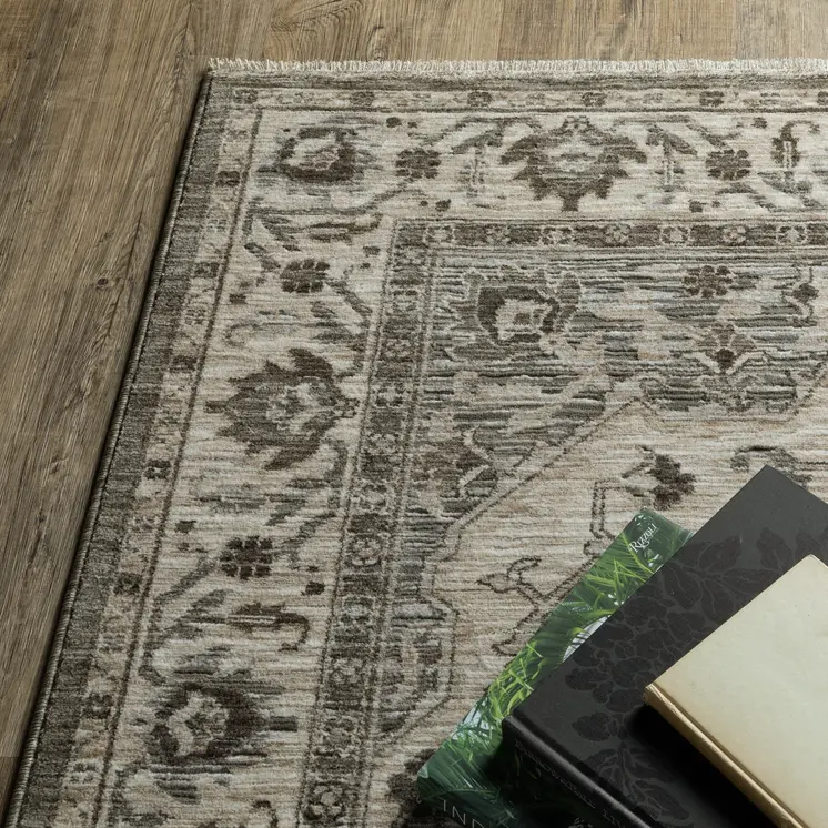 3' X 5' Gray And Beige Medallion Area Rug With Fringe