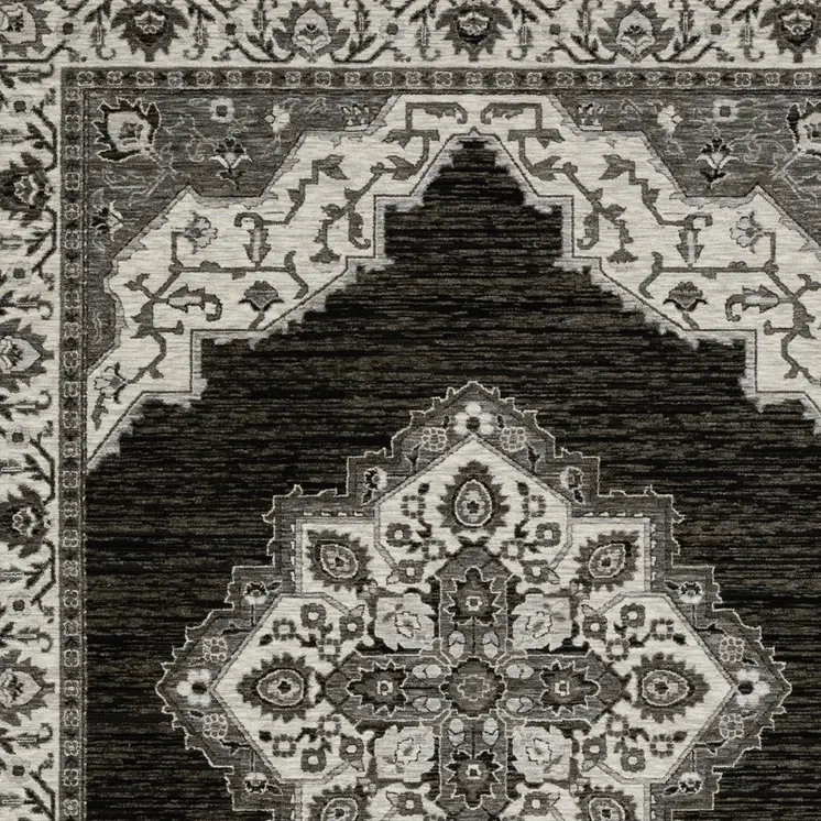 3' X 5' Charcoal And Ivory Medallion Area Rug With Fringe
