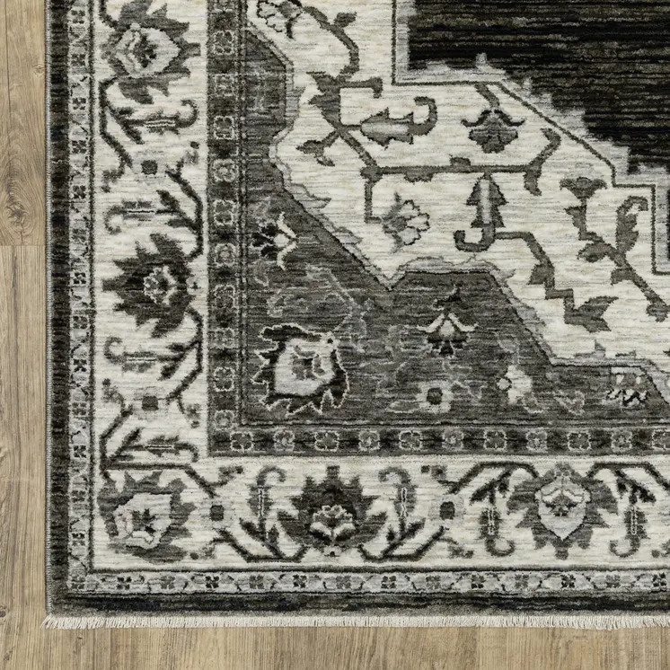 3' X 5' Charcoal And Ivory Medallion Area Rug With Fringe