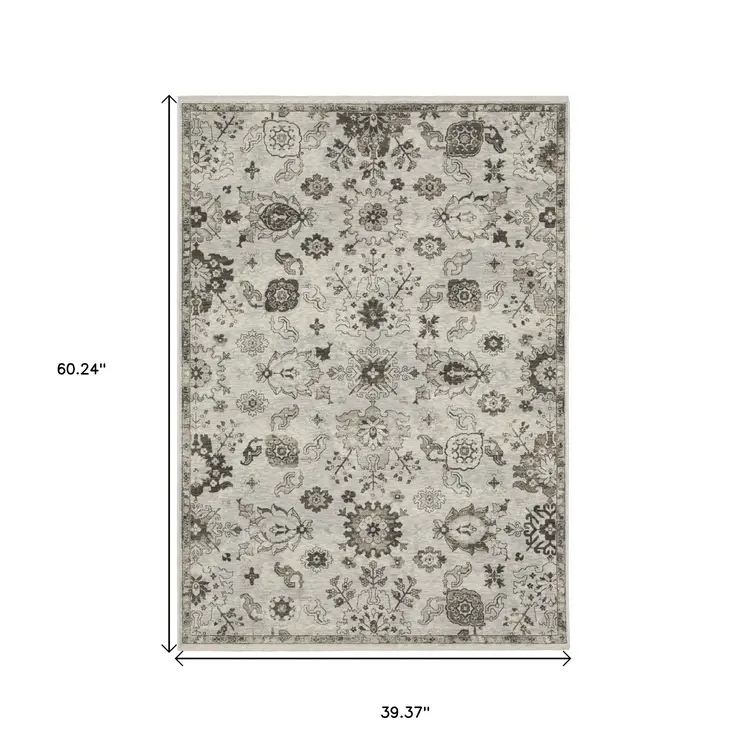 3' X 5' Ivory And Gray Oriental Area Rug With Fringe