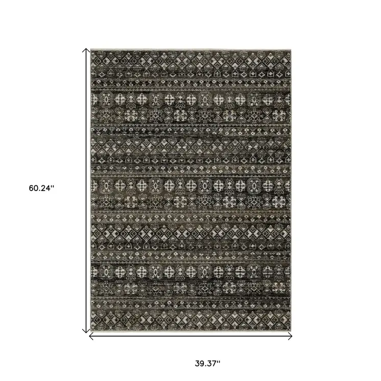 3' X 5' Black And Gray Tribal Area Rug With Fringe