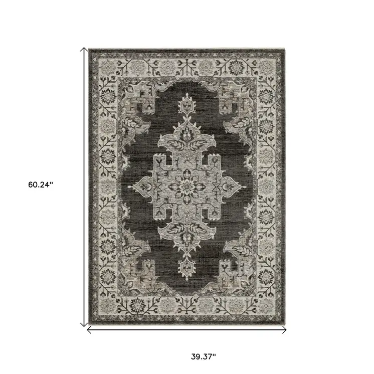 3' X 5' Gray And Beige Medallion Area Rug With Fringe