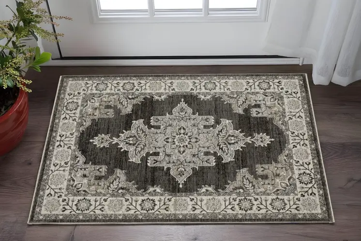 3' X 5' Gray And Beige Medallion Area Rug With Fringe