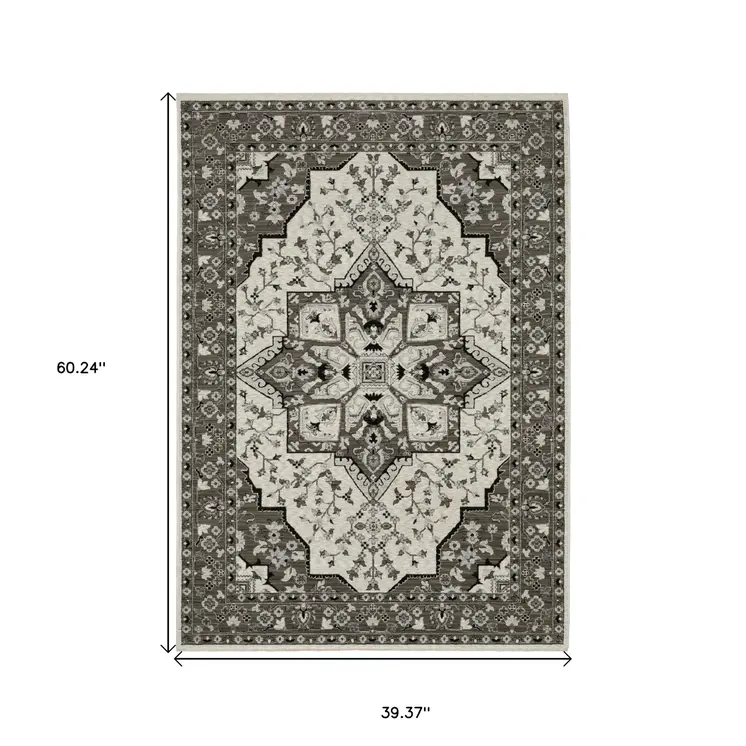 3' X 5' Ivory And Gray Medallion Area Rug With Fringe