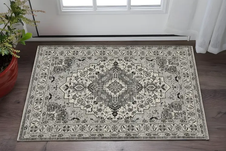 3' X 5' Gray And Ivory Medallion Area Rug With Fringe
