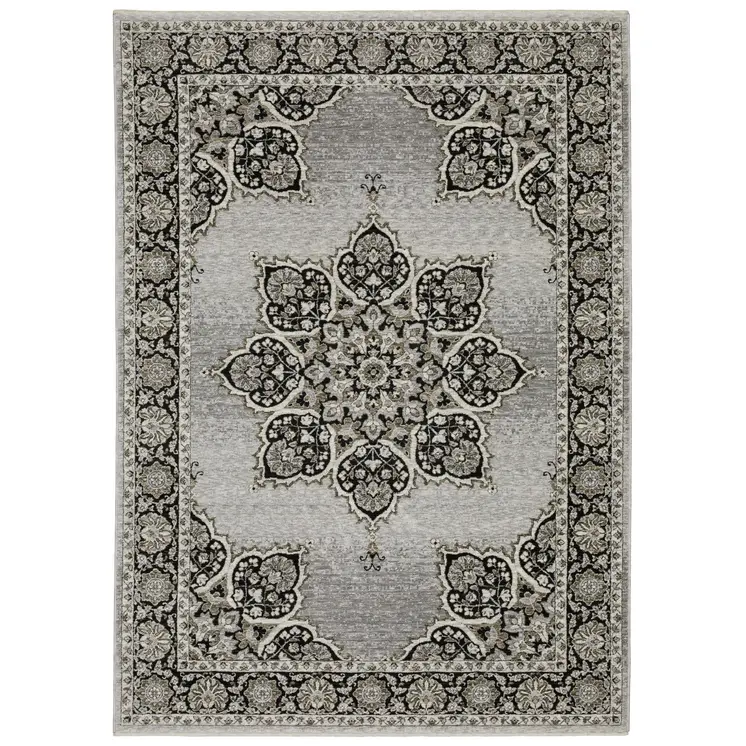 3' X 5' Gray And Black Medallion Area Rug With Fringe