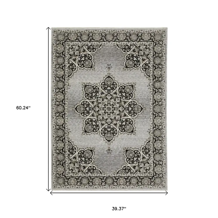 3' X 5' Gray And Black Medallion Area Rug With Fringe