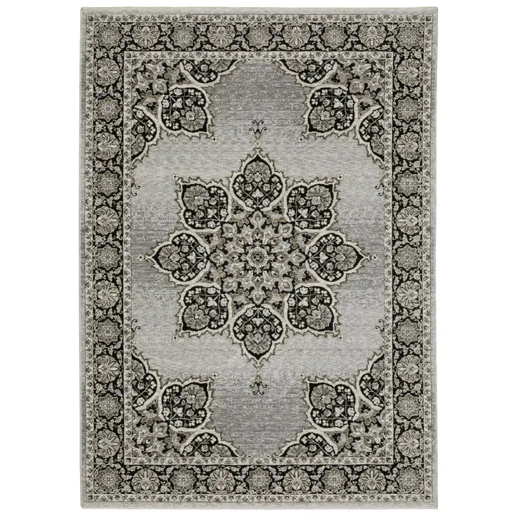 3' X 5' Gray And Black Medallion Area Rug With Fringe