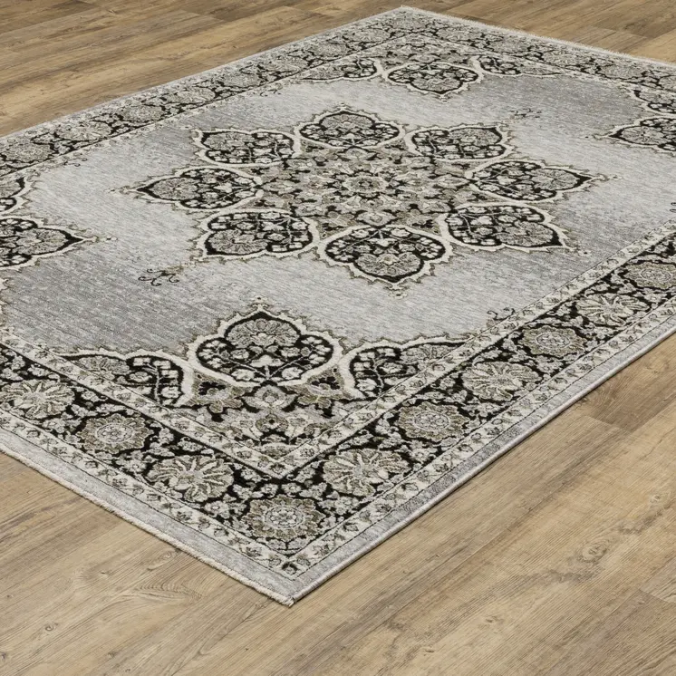 3' X 5' Gray And Black Medallion Area Rug With Fringe