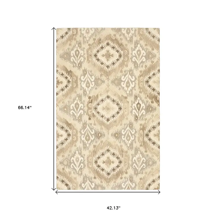 4' X 6' Beige And Ivory Wool Abstract Hand Tufted Area Rug