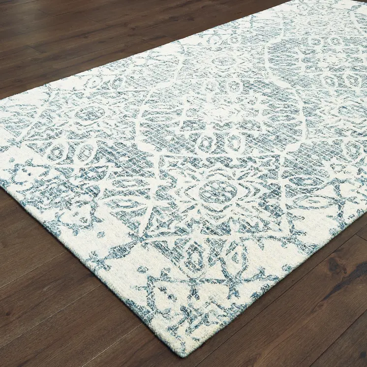 5' X 8' Blue And Ivory Wool Geometric Hand Tufted Area Rug