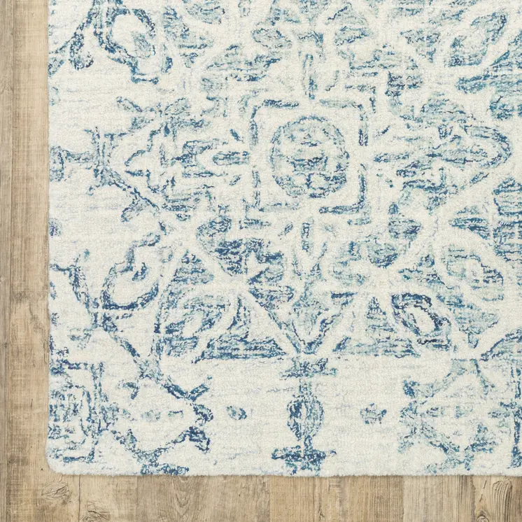 5' X 8' Blue And Ivory Wool Geometric Hand Tufted Area Rug