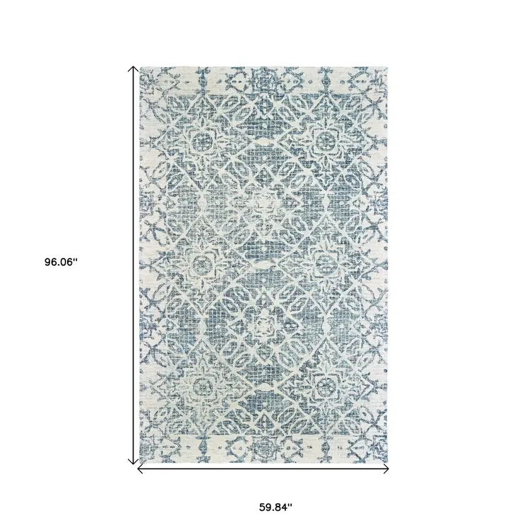 5' X 8' Blue And Ivory Wool Geometric Hand Tufted Area Rug
