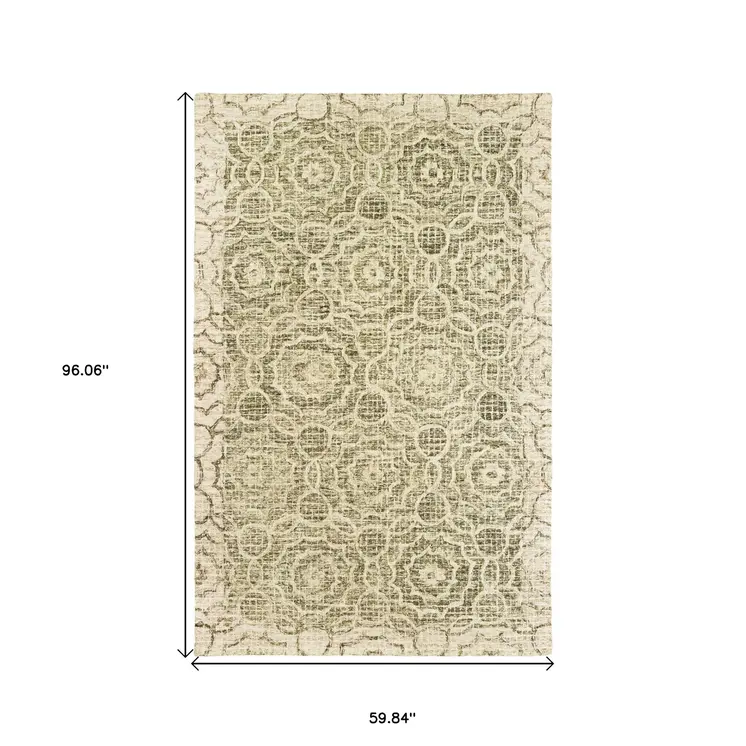 5' X 8' Green And Ivory Wool Geometric Hand Tufted Area Rug