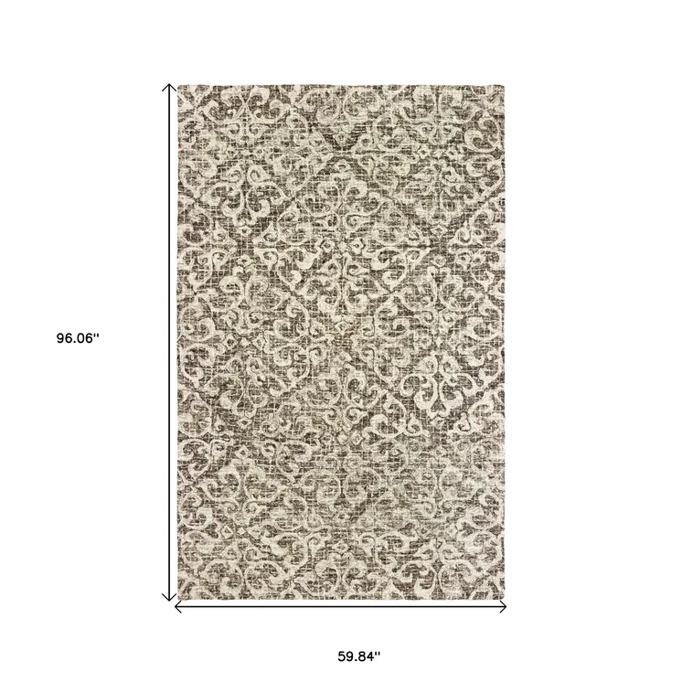 5' X 8' Brown And Ivory Wool Floral Hand Tufted Area Rug