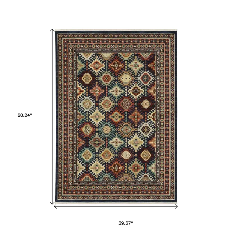 3' X 5' Navy Blue Ivory And Brown Oriental Area Rug With Fringe
