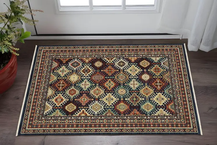 3' X 5' Navy Blue Ivory And Brown Oriental Area Rug With Fringe