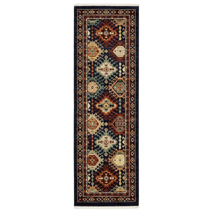 6' Navy Blue Ivory And Orange Oriental Runner Rug With Fringe