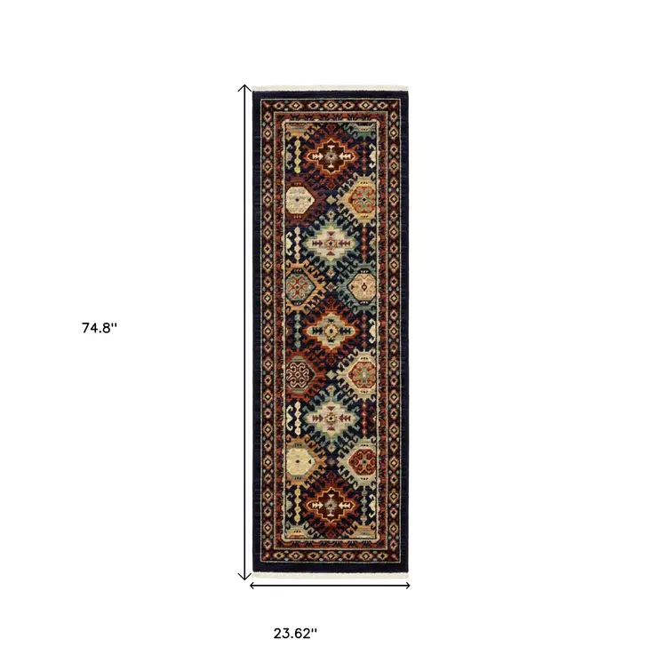 6' Navy Blue Ivory And Orange Oriental Runner Rug With Fringe