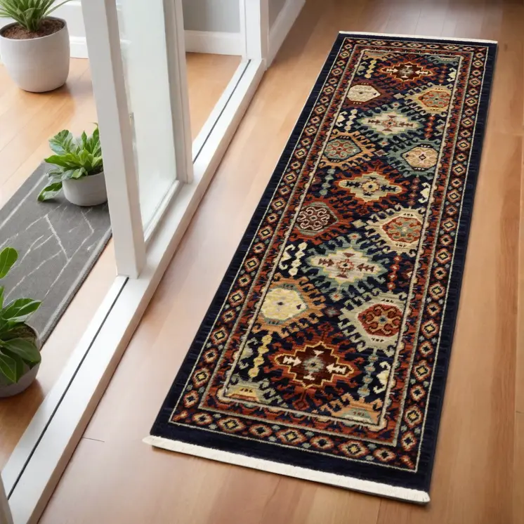 6' Navy Blue Ivory And Orange Oriental Runner Rug With Fringe