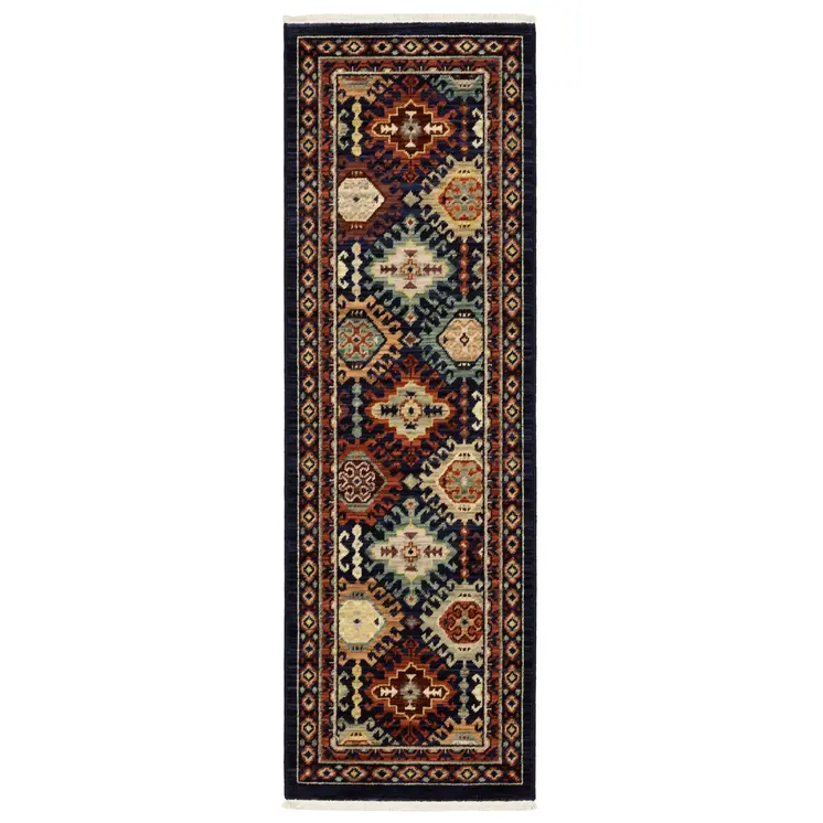 6' Navy Blue Ivory And Orange Oriental Runner Rug With Fringe