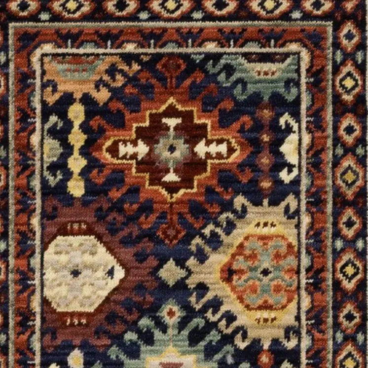 6' Navy Blue Ivory And Orange Oriental Runner Rug With Fringe