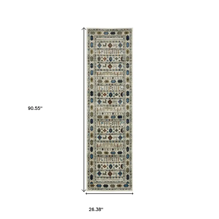8' Ivory Teal And Gray Tribal Runner Rug