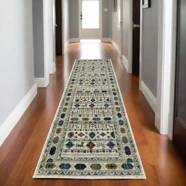 8' Ivory Teal And Gray Tribal Runner Rug