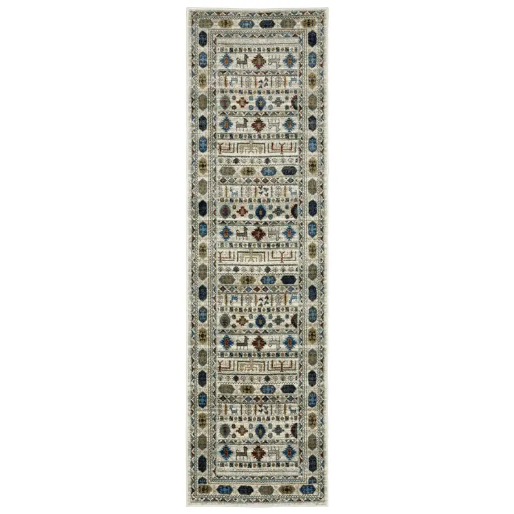 8' Ivory Teal And Gray Tribal Runner Rug