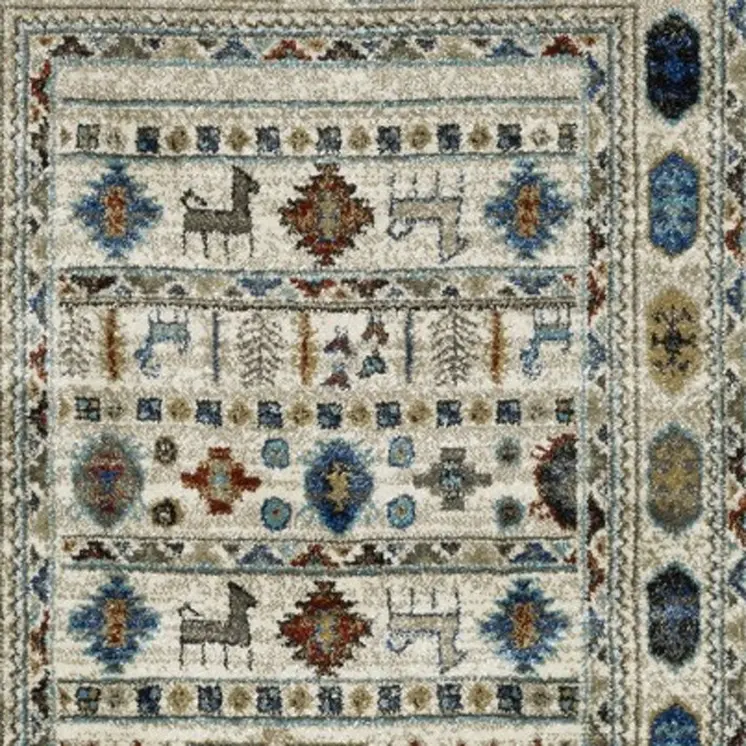 8' Ivory Teal And Gray Tribal Runner Rug