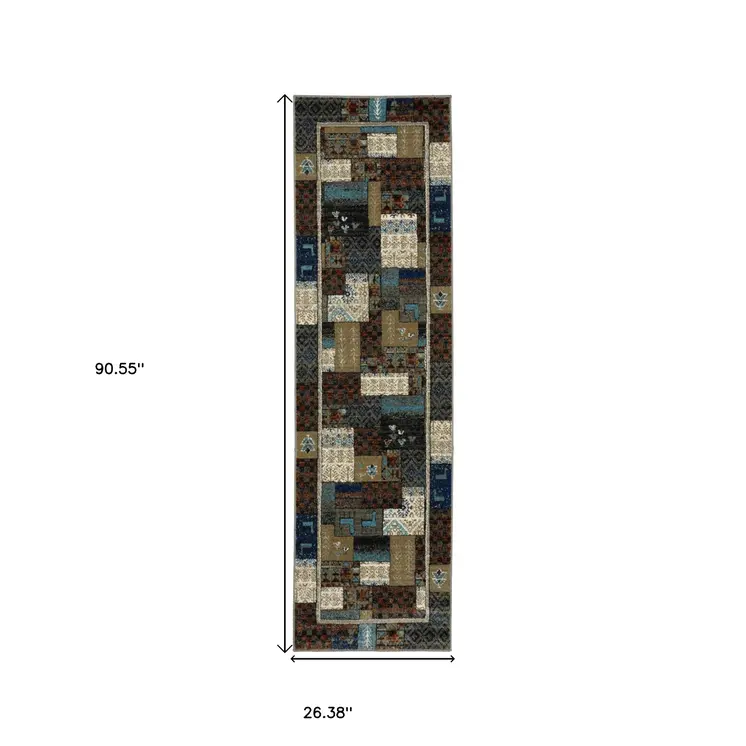 8' Brown Tan And Dark Blue Patchwork Runner Rug