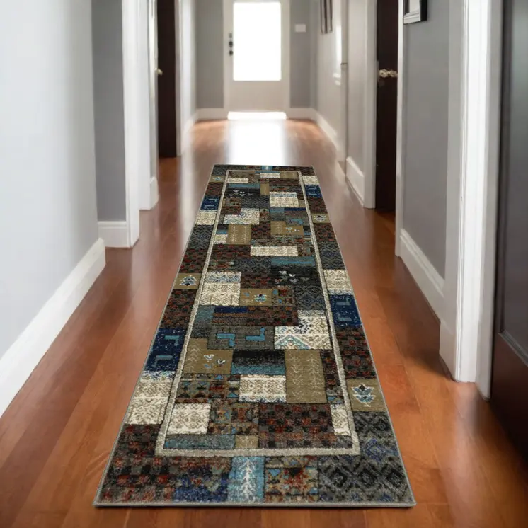 8' Brown Tan And Dark Blue Patchwork Runner Rug