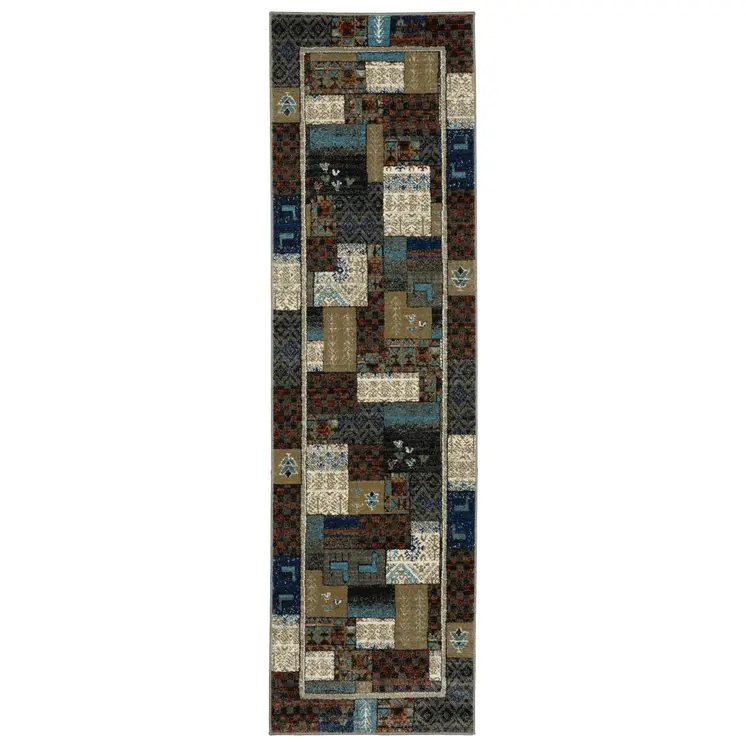 8' Brown Tan And Dark Blue Patchwork Runner Rug