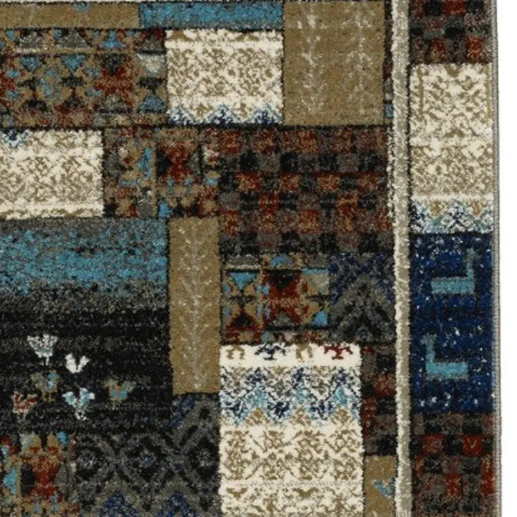 8' Brown Tan And Dark Blue Patchwork Runner Rug