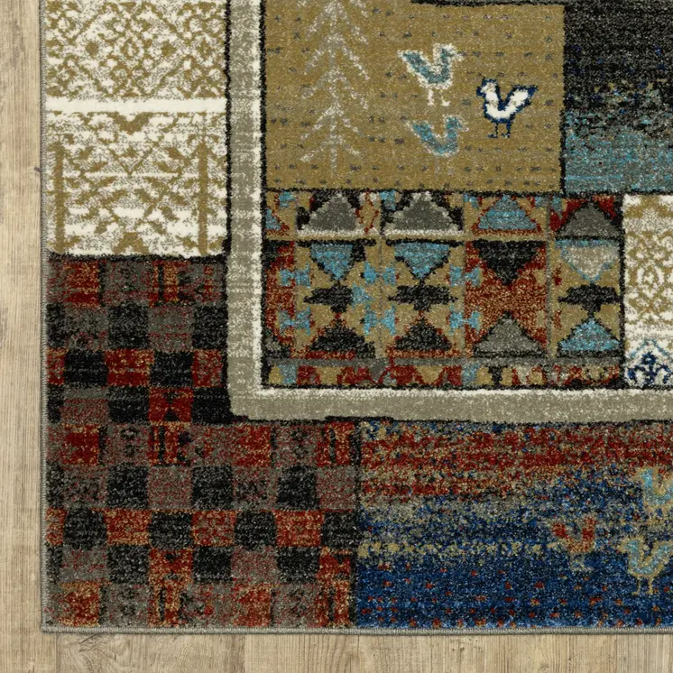 8' Brown Tan And Dark Blue Patchwork Runner Rug