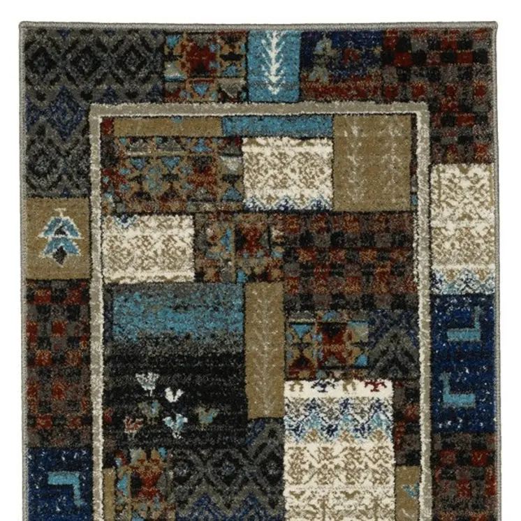 8' Brown Tan And Dark Blue Patchwork Runner Rug